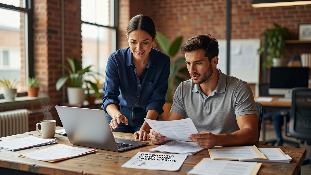 Manager guiding new hire during onboarding compliance checklist 2026 in natural office setting