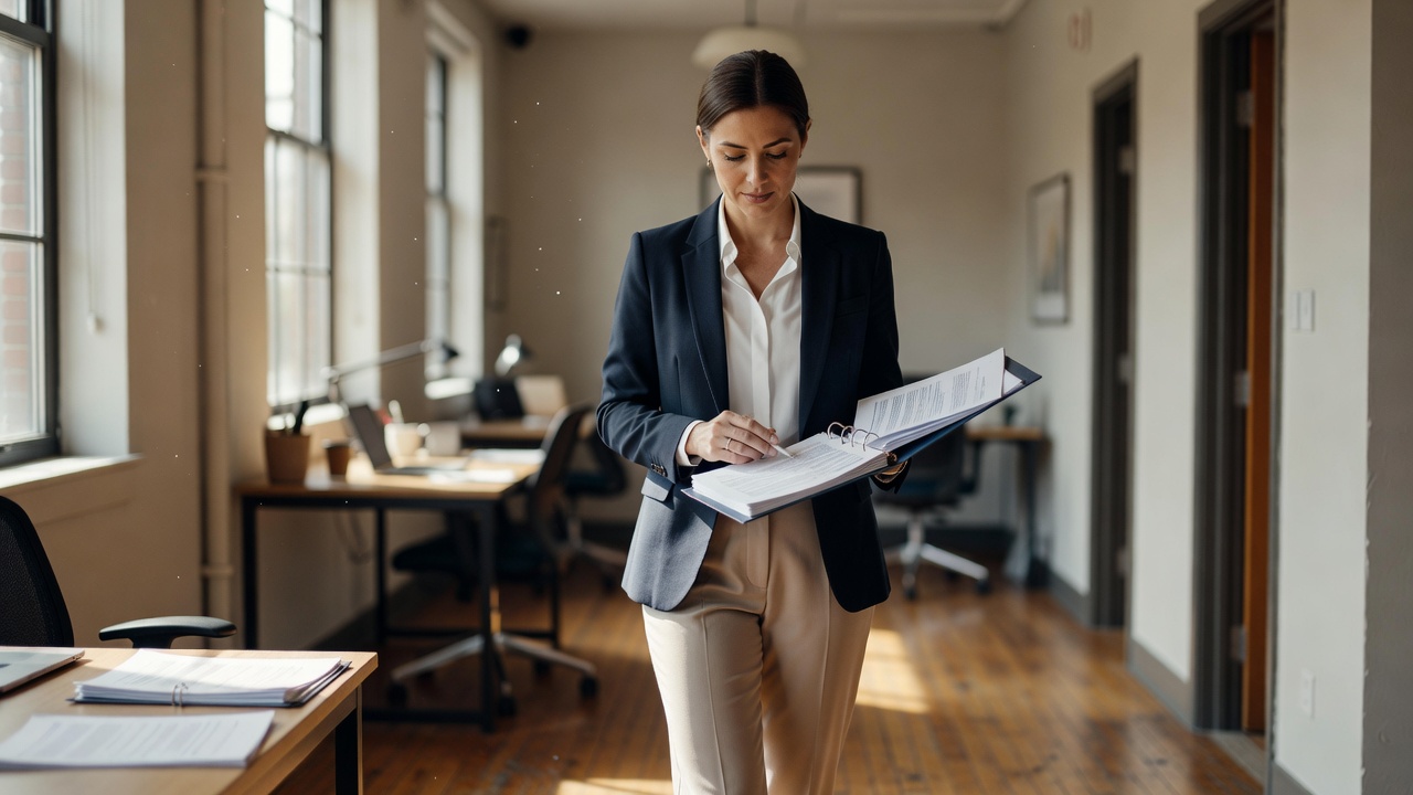 Professional reviewing onboarding compliance checklist 2026 documents in sunlit office hallway