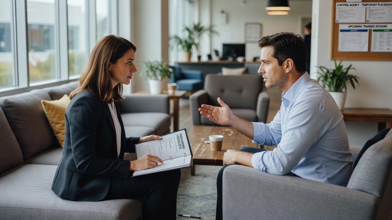 Two colleagues discussing onboarding for staffing agencies 2026 in a sunlit lounge
