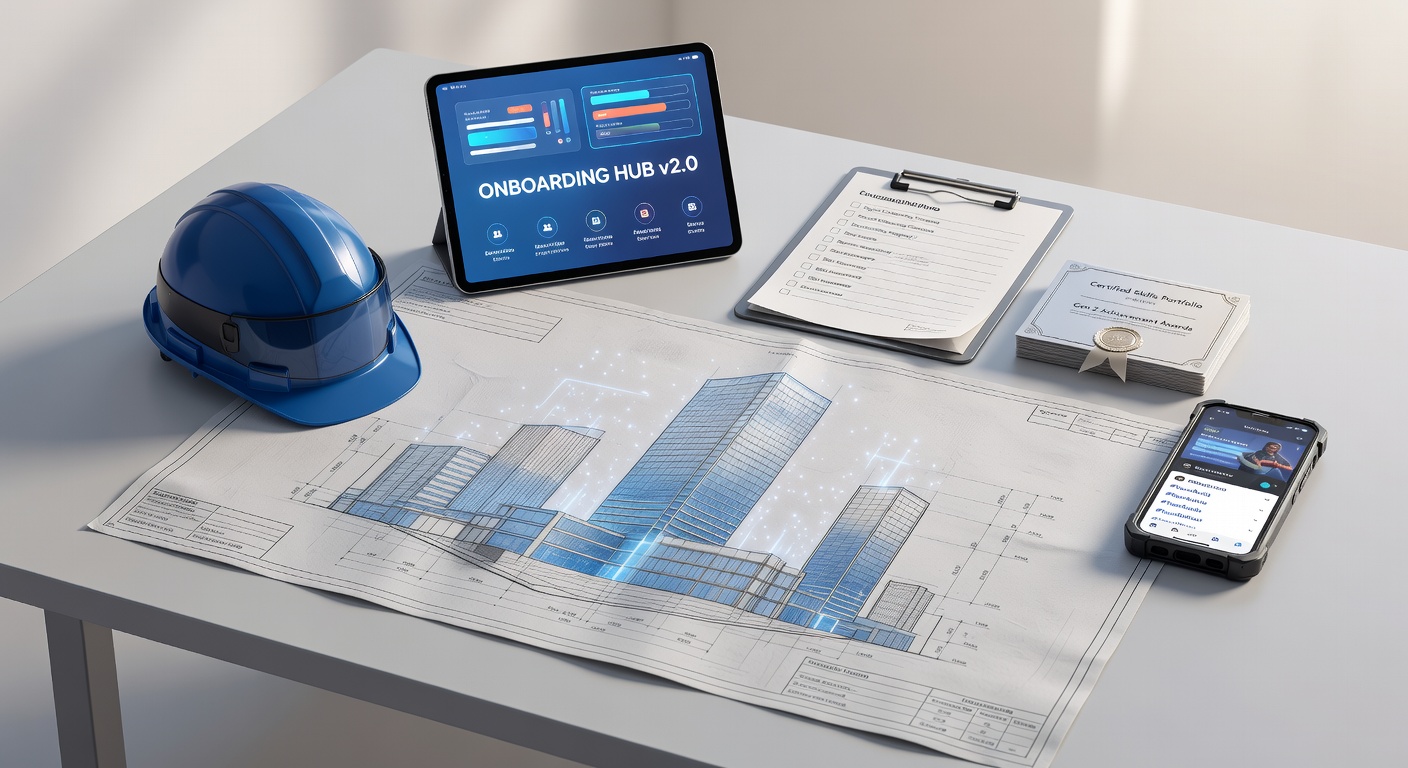 Illustration of onboarding Gen Z employees with blueprint and tools