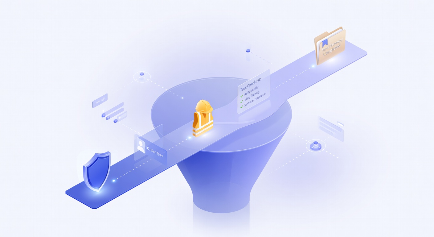 Isometric illustration of onboarding for gig workers with workflow pipeline.