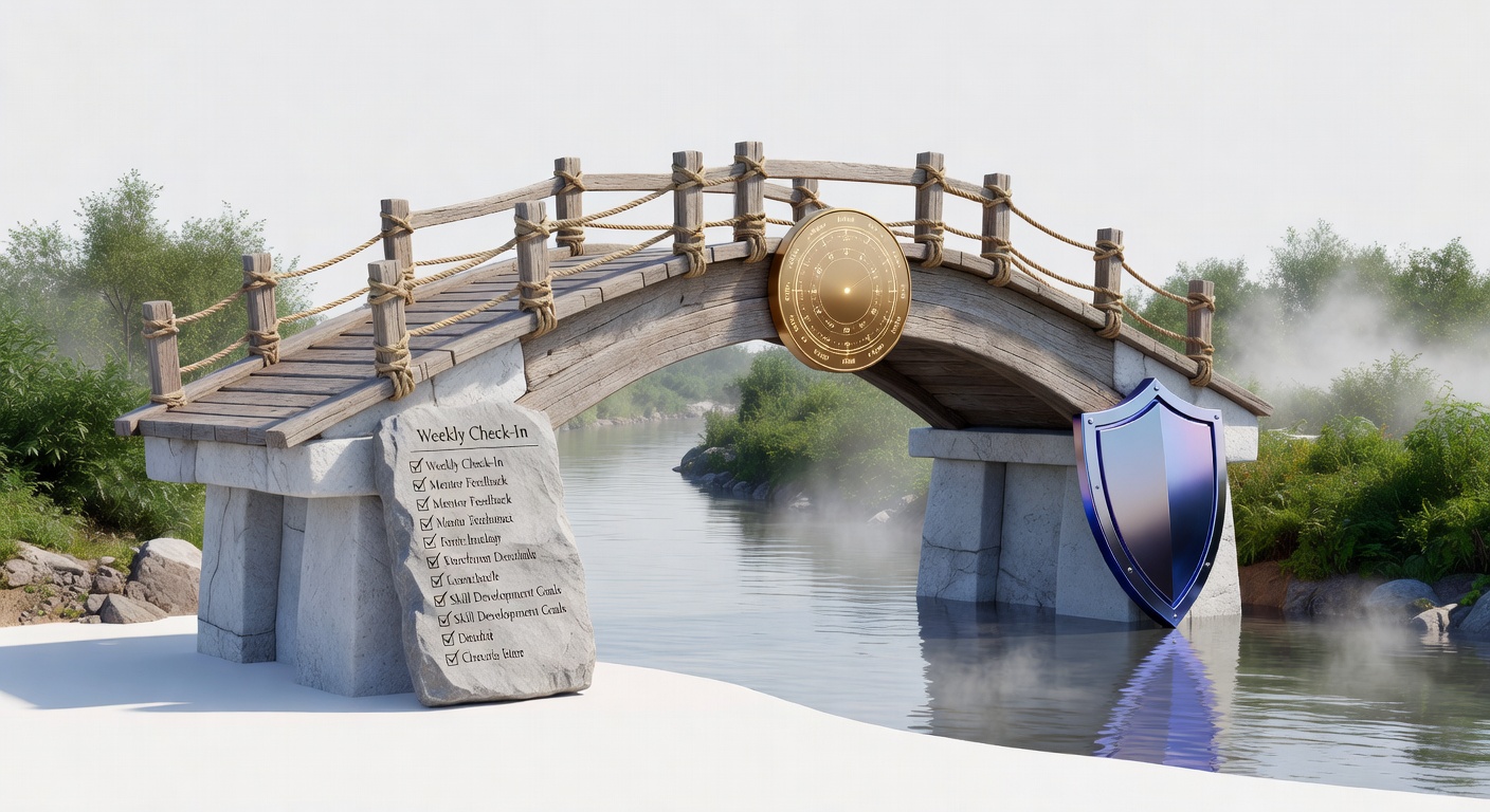 Illustration of post onboarding employee retention with supportive bridge metaphor