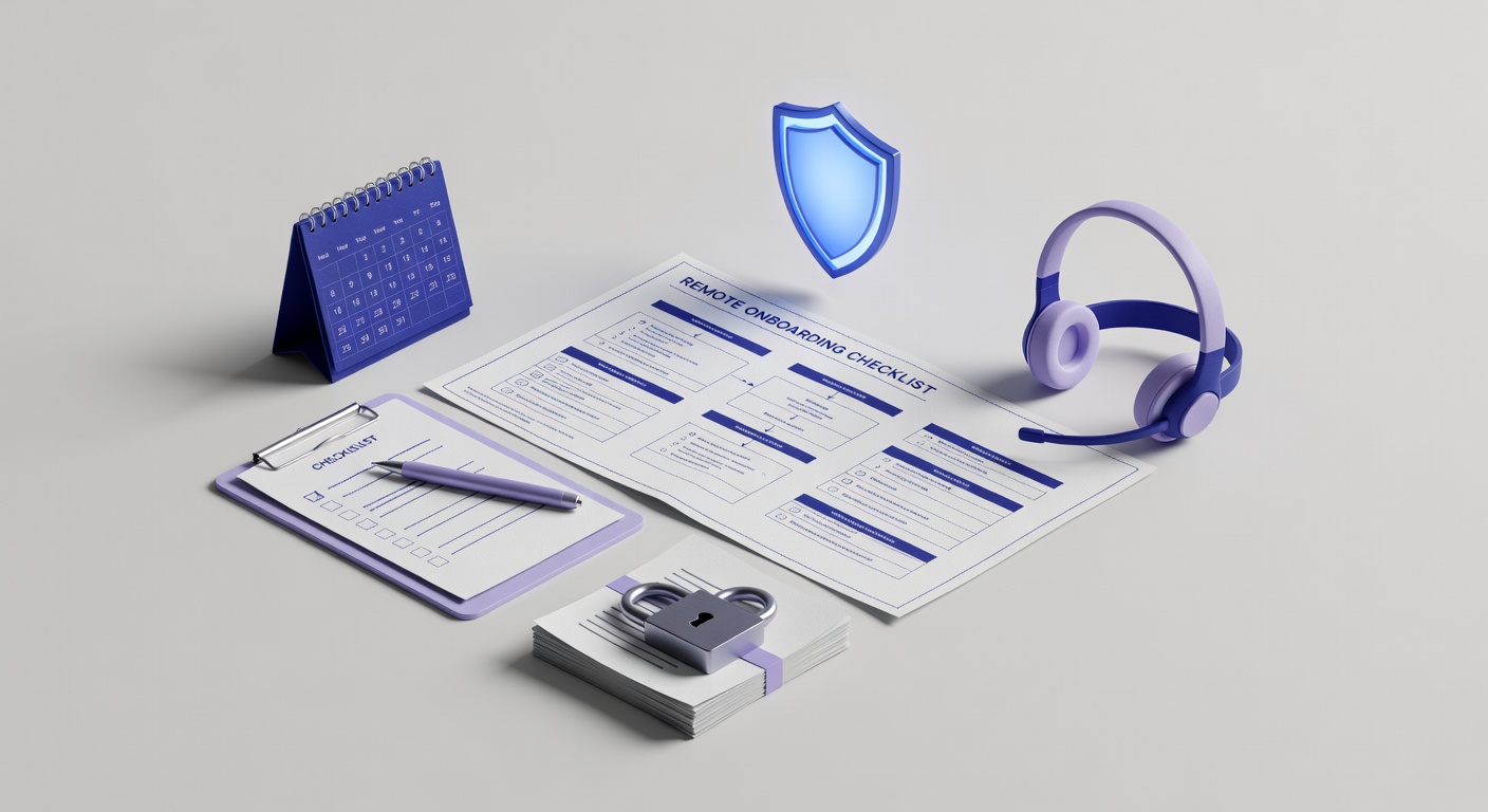 Remote employee onboarding checklist illustrated as a digital workspace blueprint