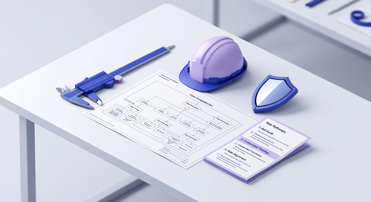 Illustration of skills-based employee onboarding with workshop tools and blueprint.