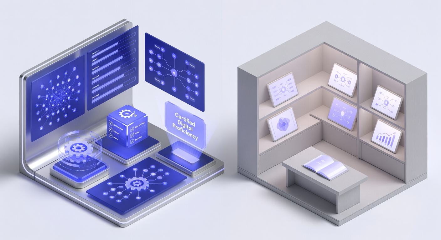 Illustration of diverse employees assessing skills on digital devices