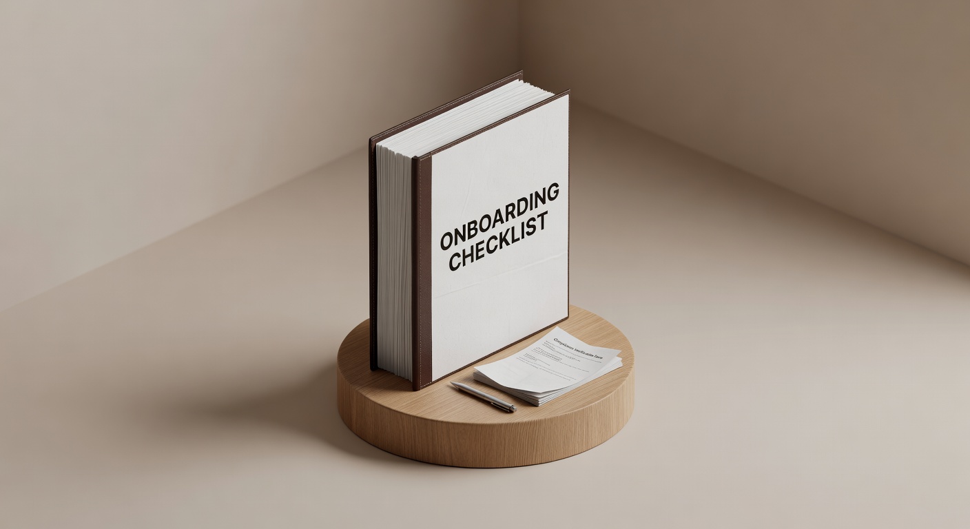 Isometric view of staffing agency employee onboarding checklist binder on pedestal