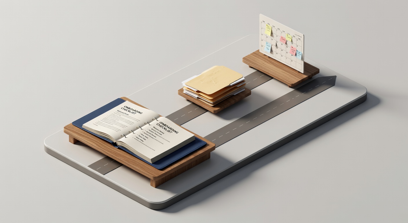 Isometric scene of staffing agency employee onboarding checklist workflow stations