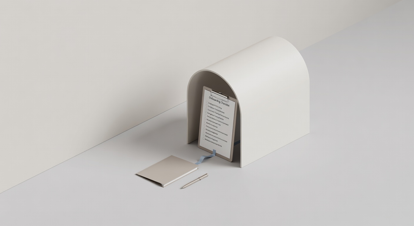 Isometric portal view of staffing agency employee onboarding checklist in minimalist room