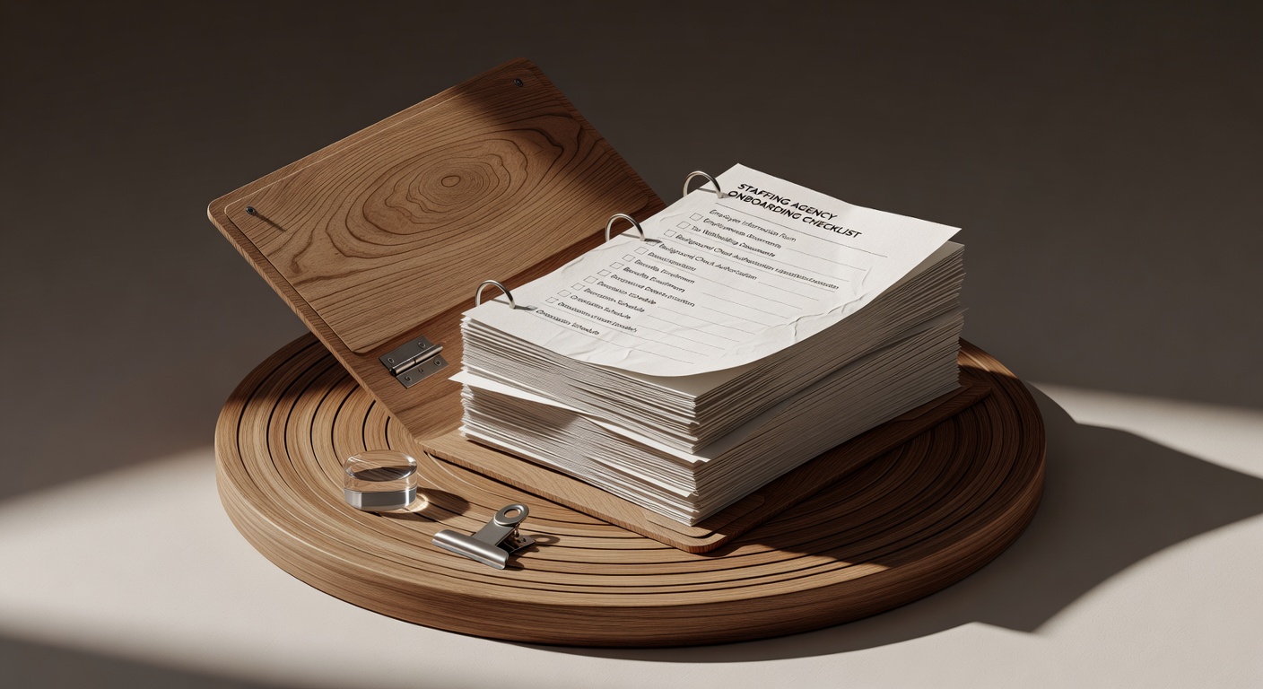 Isometric staffing agency onboarding checklist documents on circular pedestal