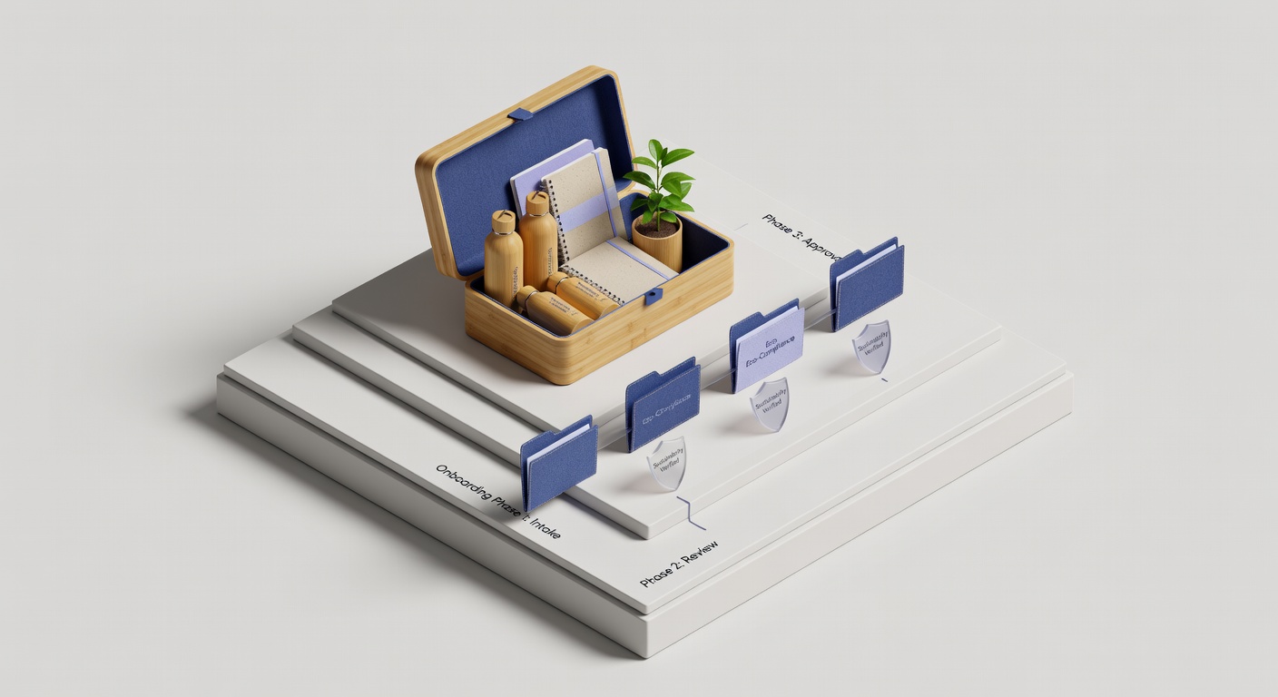 Sustainable onboarding practices illustrated with eco-friendly welcome kit on terraced plinth