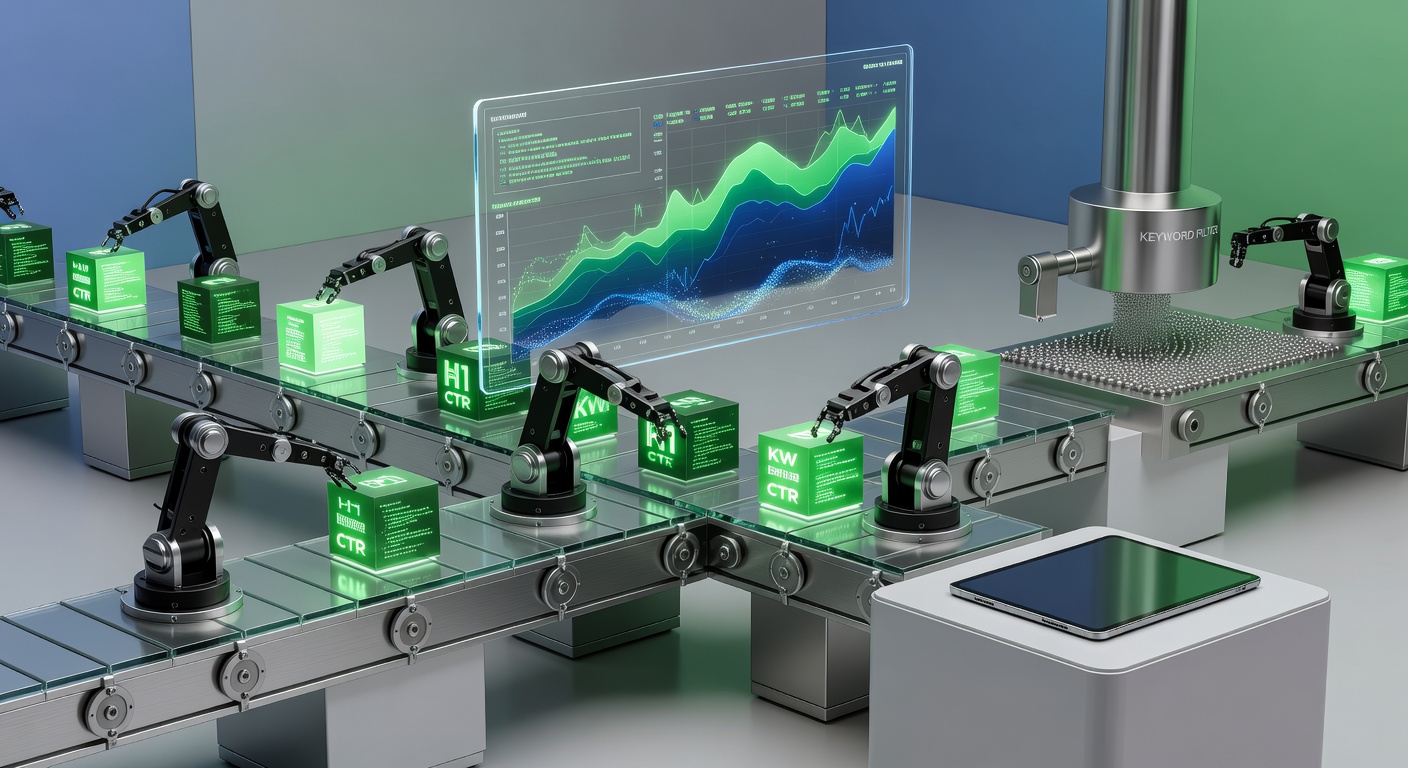 Futuristic assembly line illustrating AI tools for automating SEO content creation