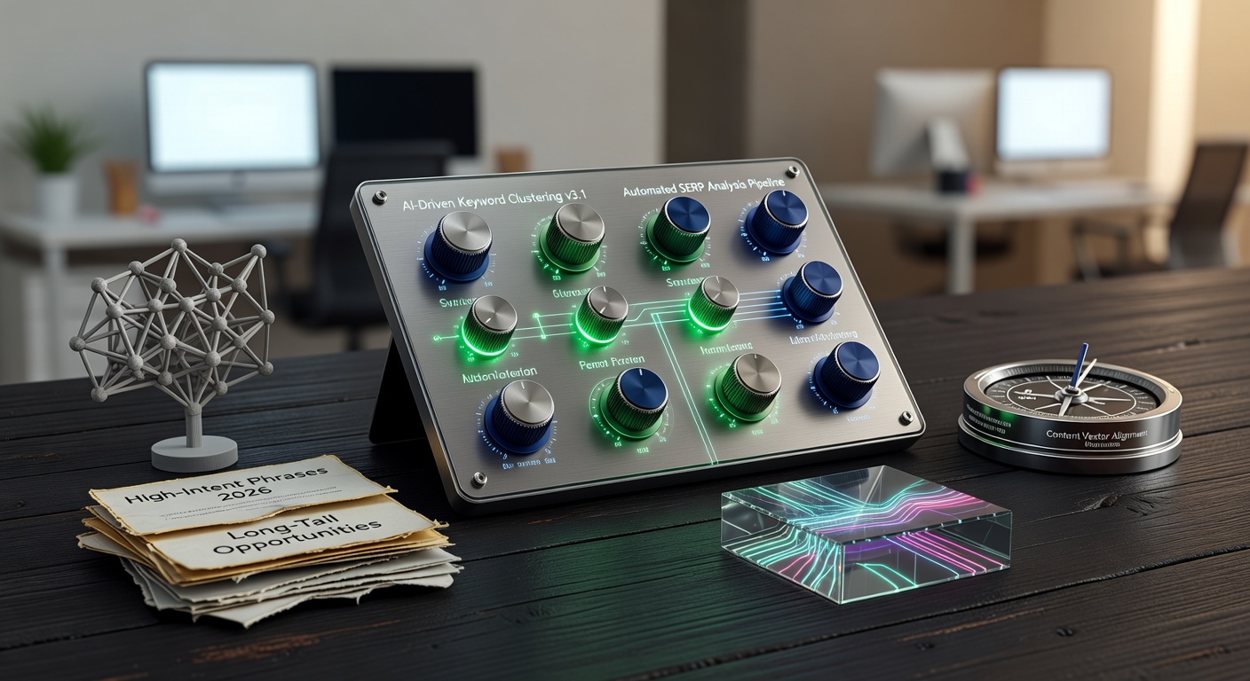 Futuristic control panel illustrating AI tools for SEO content creation 2026