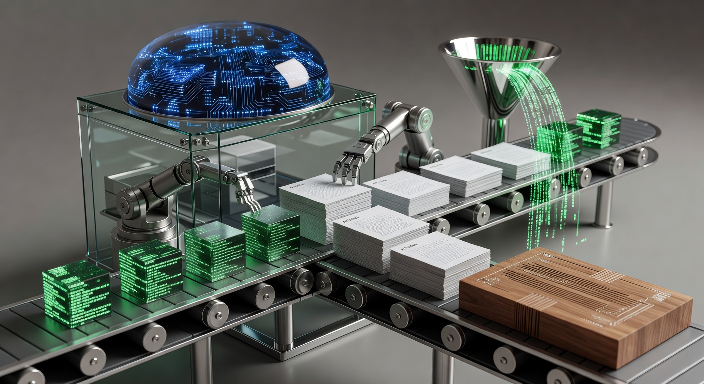 Metaphorical assembly line illustrating AI tools for automating SEO content creation