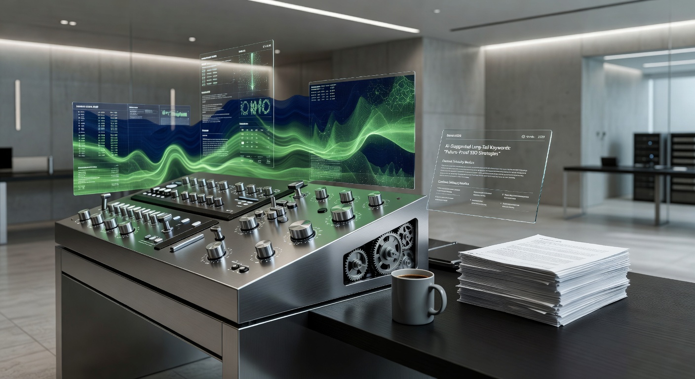 Futuristic control room illustrating AI tools for SEO content creation 2026