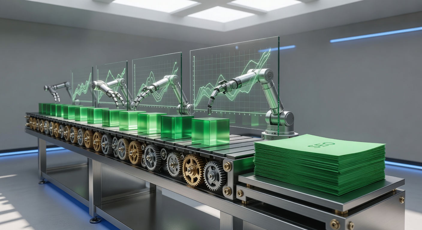 AI content automation platforms organic traffic assembly line metaphor illustration