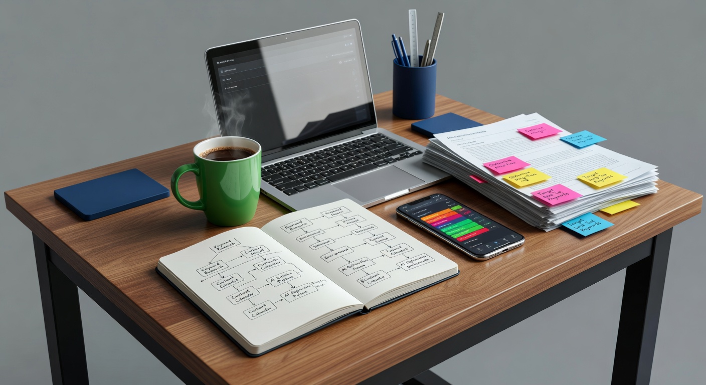 Photorealistic flat-lay of AI platforms for SEO blog management tools