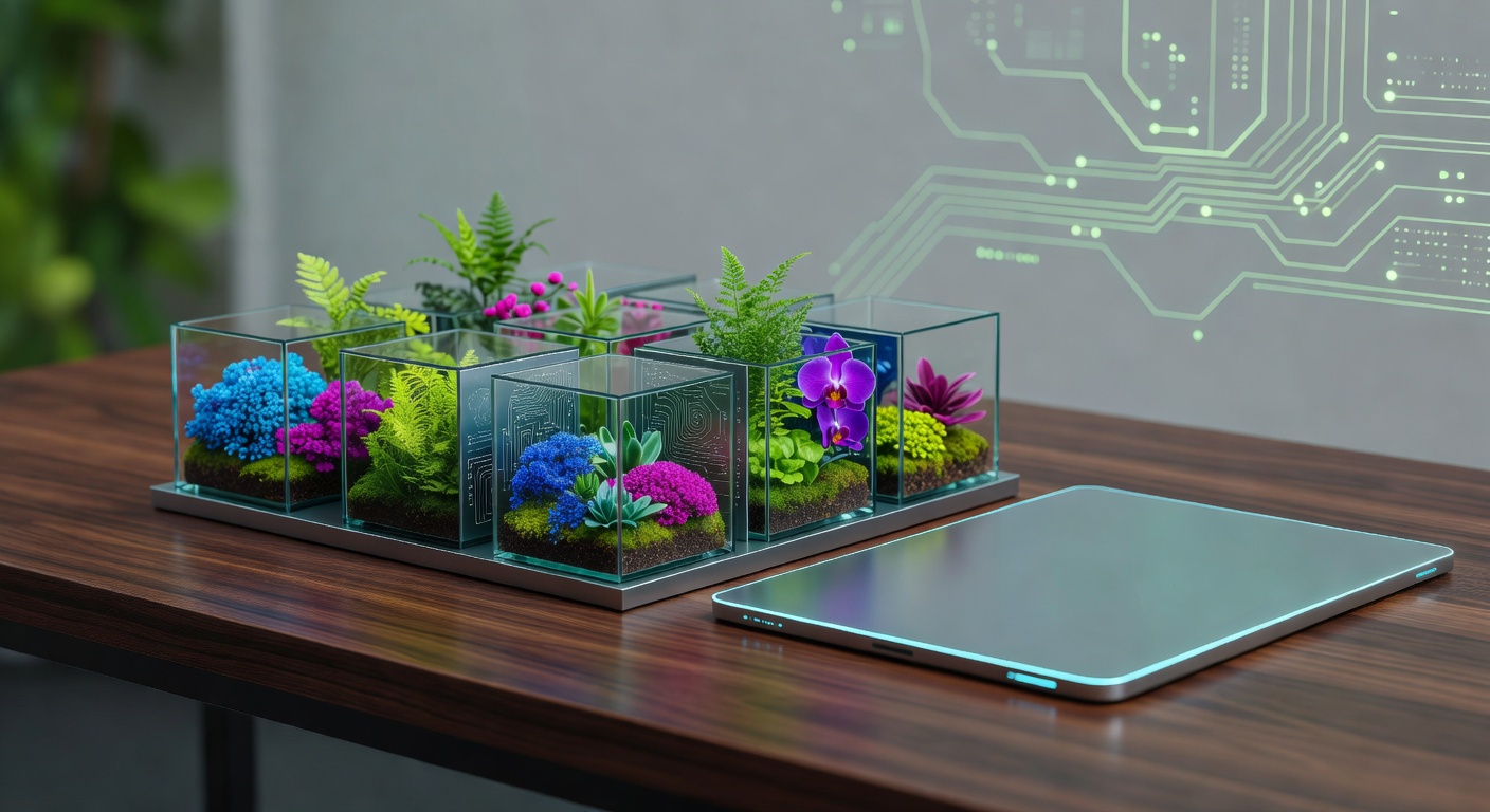 AI keyword clustering tools depicted as botanical terrariums on desk