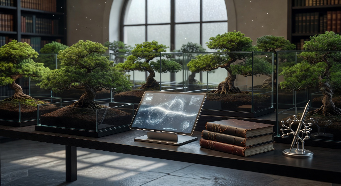 AI keyword clustering tools depicted as botanical library organization scene