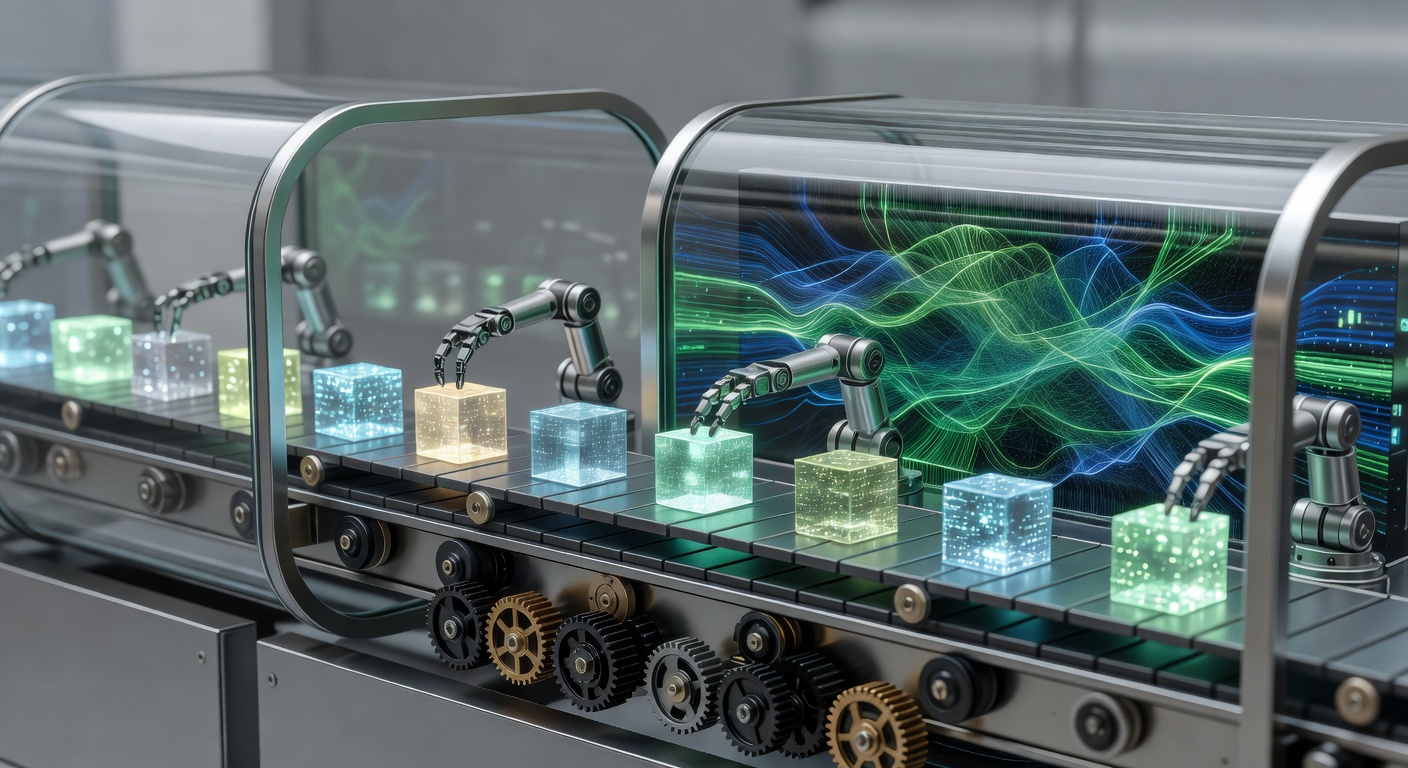 AI tools for SEO content automation depicted as futuristic assembly line