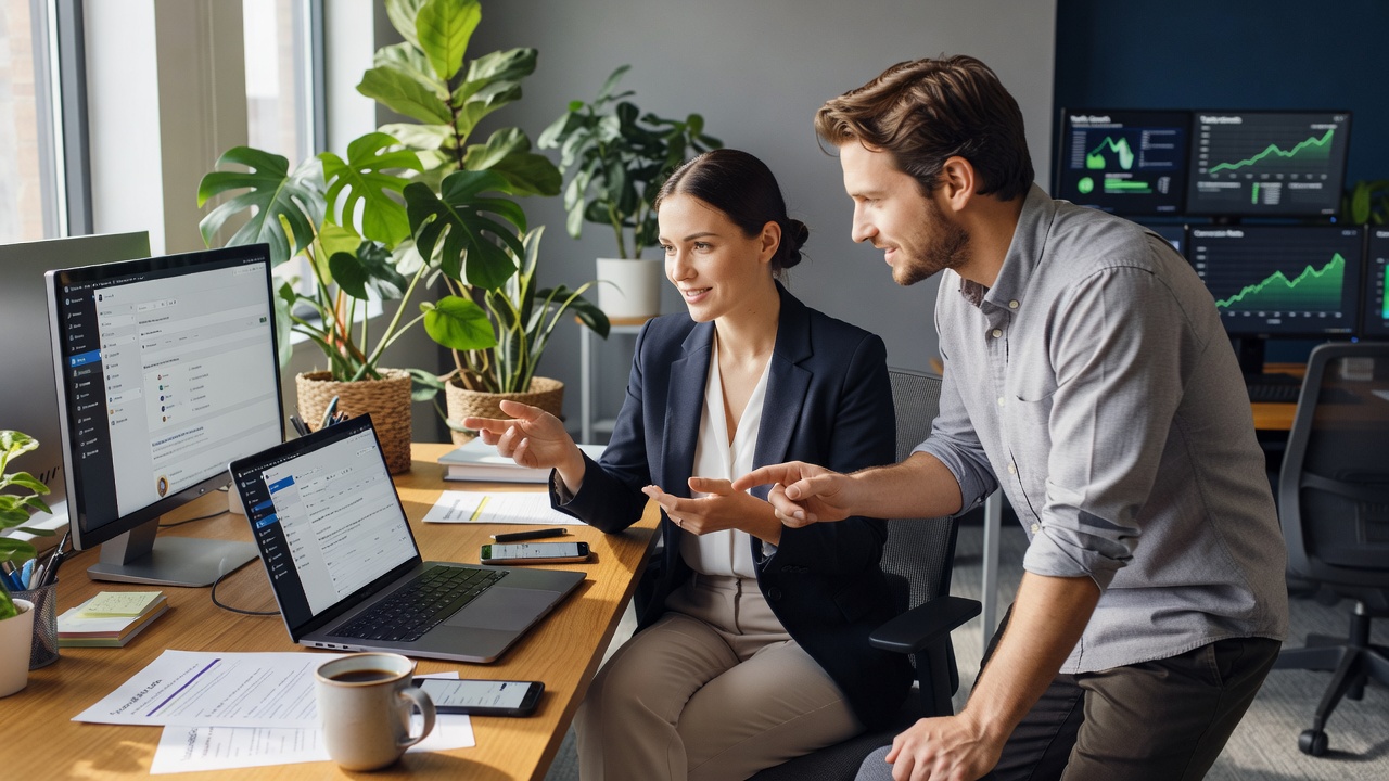 Candid collaboration on AI blog automation tools for agencies multiple websites in modern office