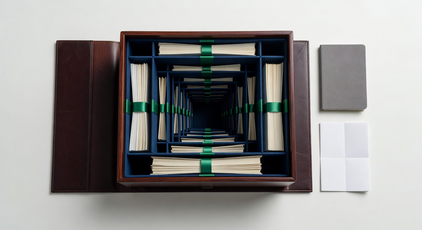 Top-down flat-lay of master content portfolio for AI content automation for agencies managing multiple websites