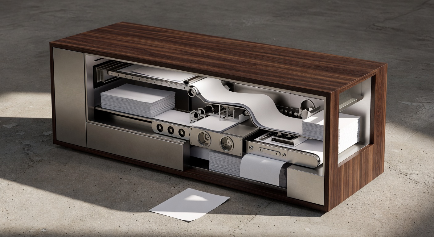 Cross-section cutaway of wooden AI content automation cabinet for agencies managing multiple websites