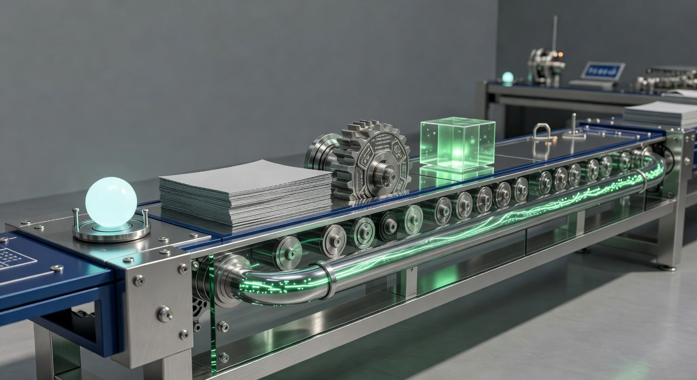 AI content automation platforms depicted as high-tech assembly line illustration