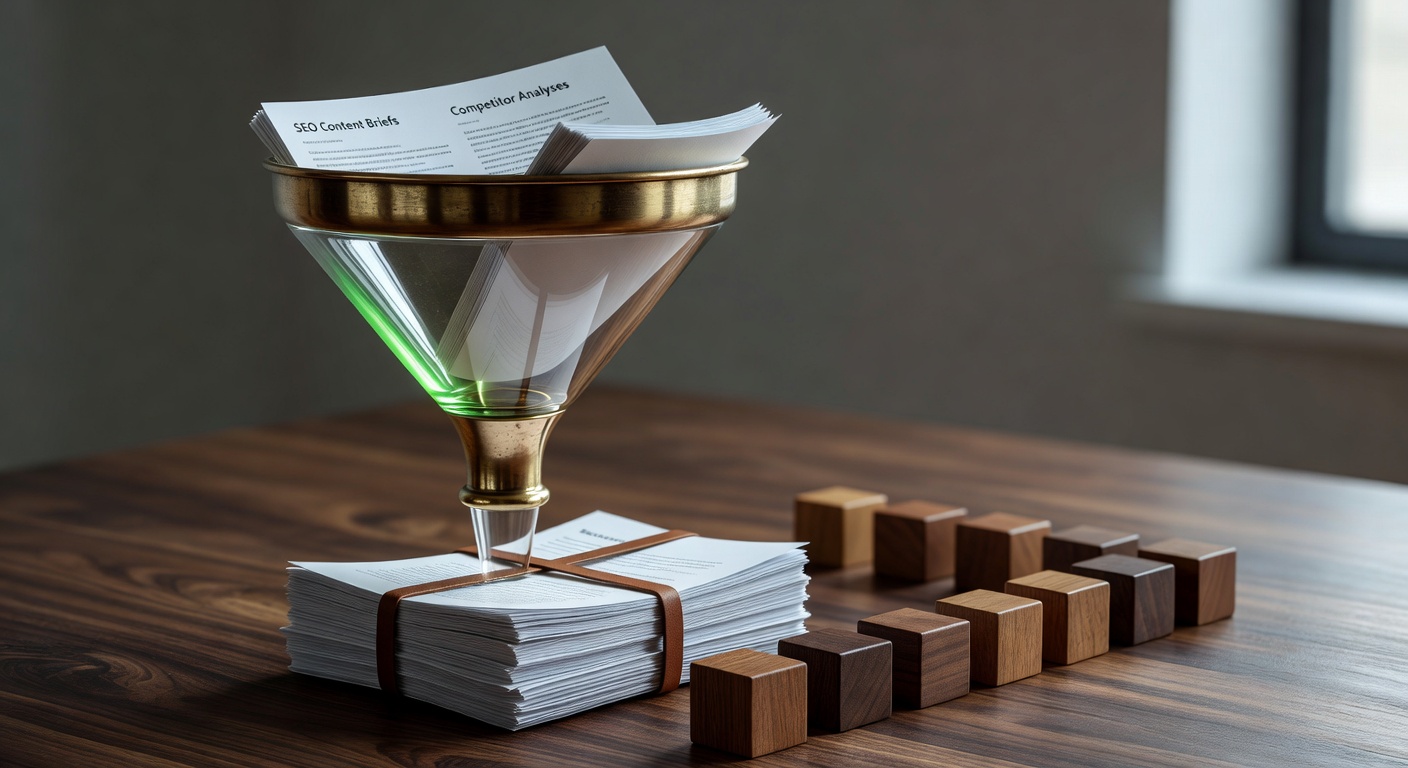 Macro close-up of brass glass funnel workflow for AI tools for managing multiple websites SEO