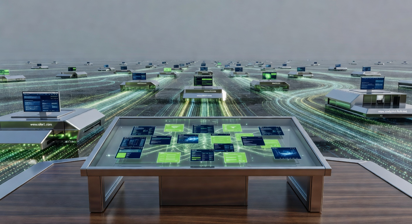 AI content automation for multiple websites in futuristic control tower scene