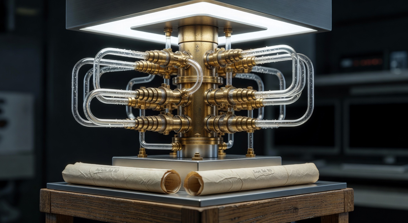 Worm's eye view of brass manifold symbolizing AI content automation for multiple websites