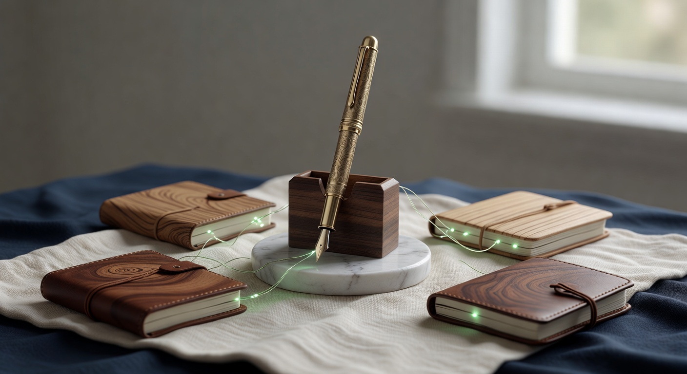 Worm's eye view of fountain pen on pedestal symbolizing AI content automation for multiple websites