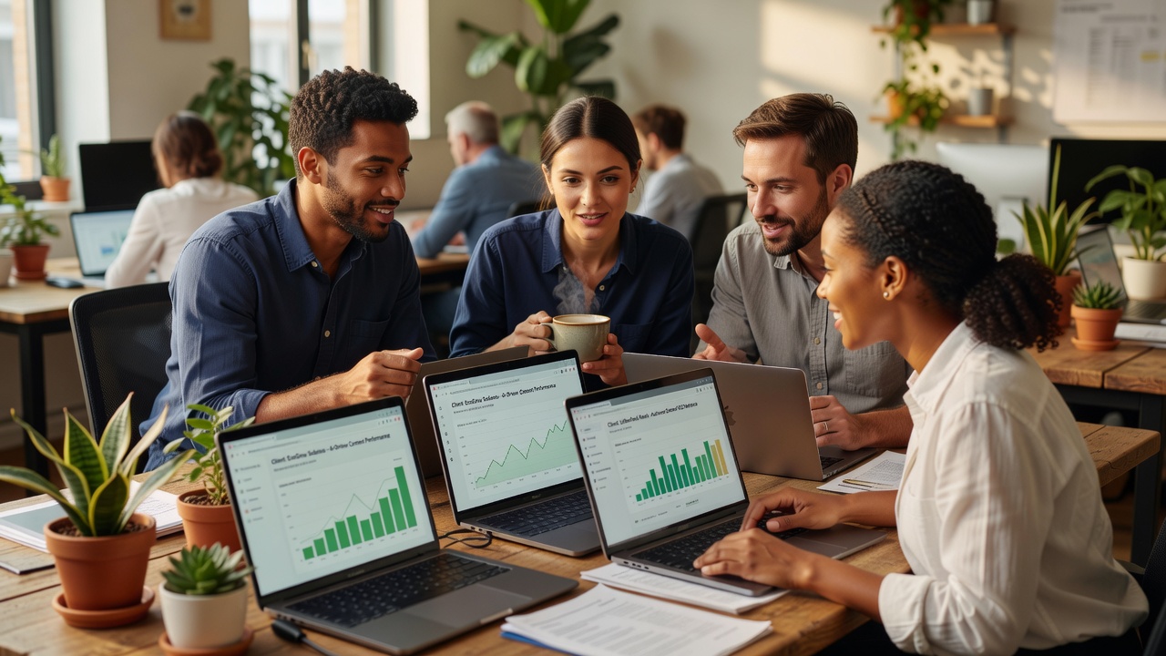 Team collaborating on AI content automation for marketing agencies multiple sites