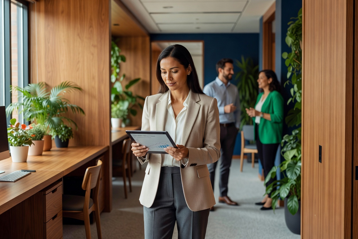 Marketing manager pausing with AI content automation for marketing agencies multiple sites in sunlit office
