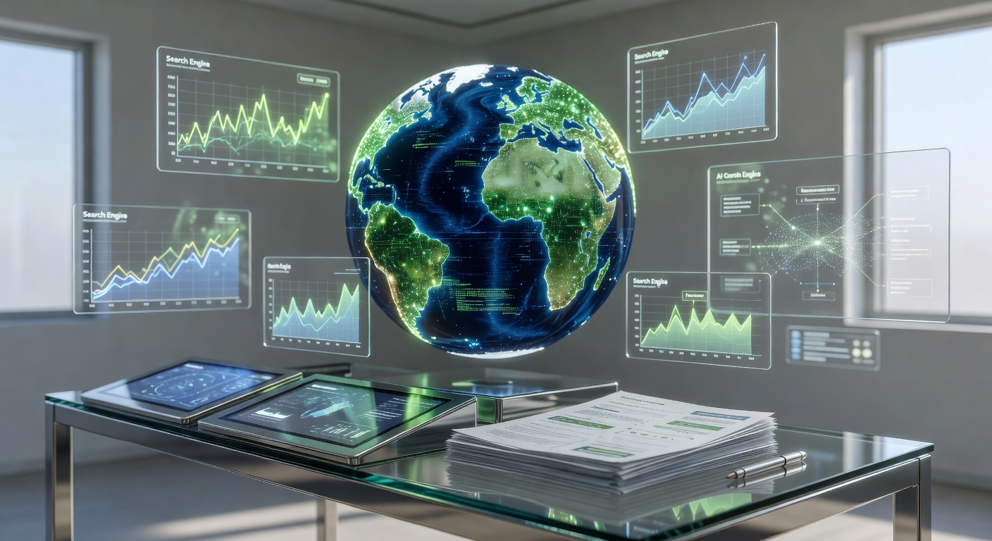 Futuristic AI solutions content team collaboration SEO 2026 control room illustration