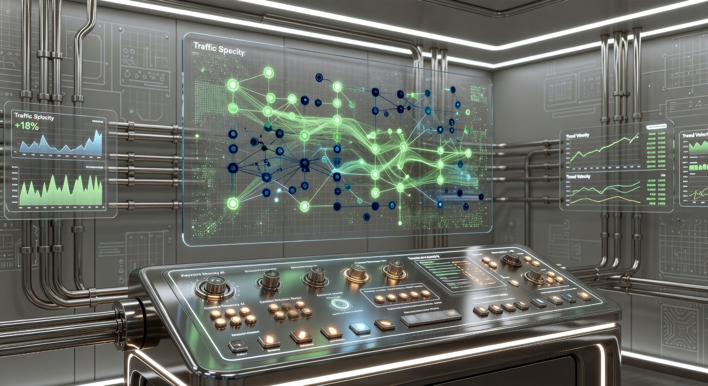 Futuristic control room illustrating AI tools for SEO blog management
