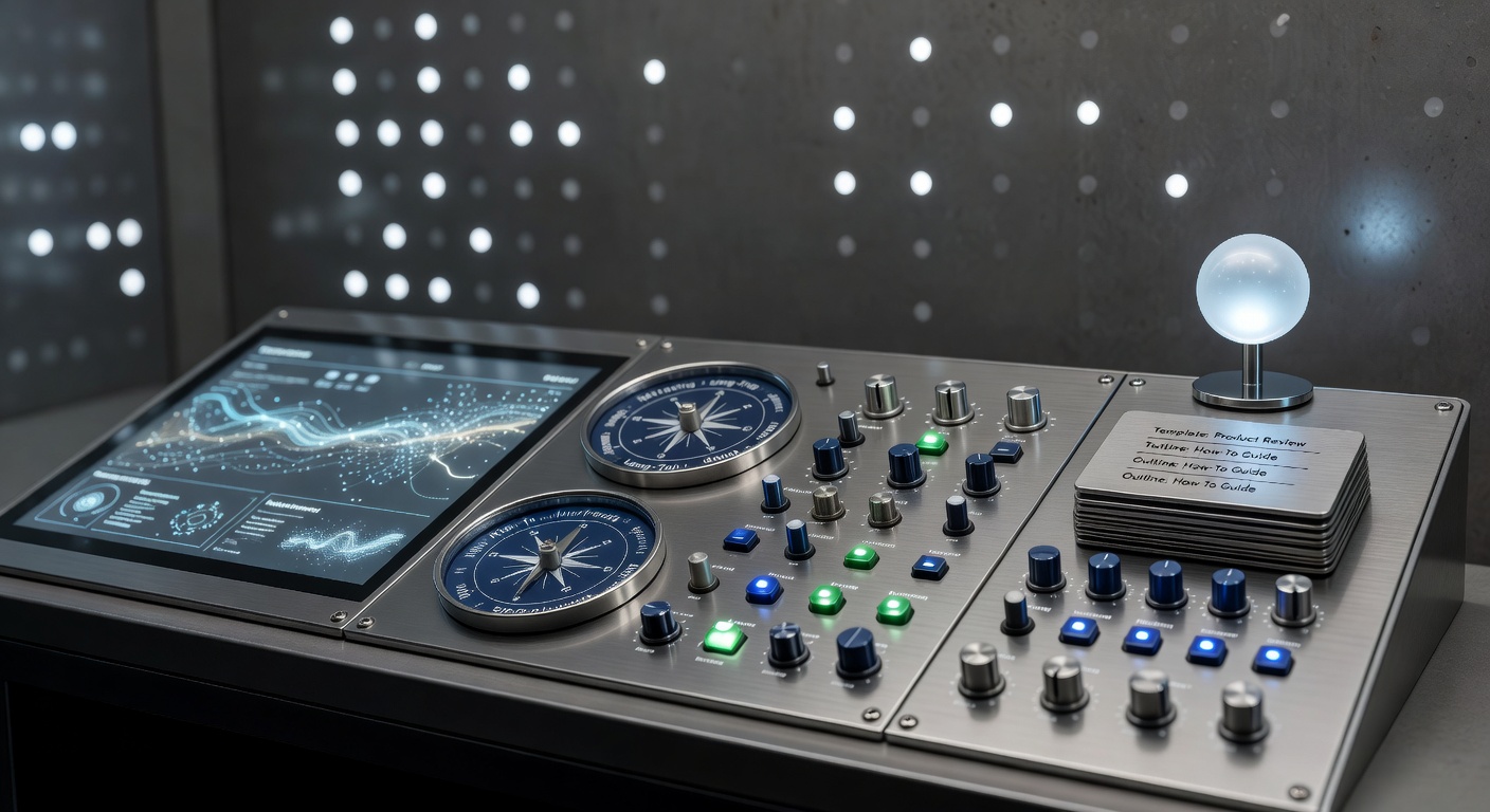 Futuristic control room illustrating AI tools for SEO blog management