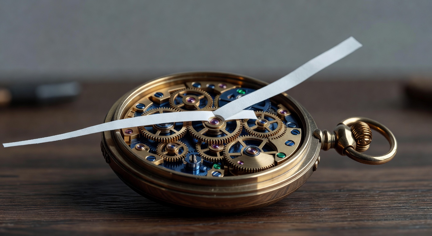 Macro close-up of brass watch gears with paper strip symbolizing AI tools for SEO content automation
