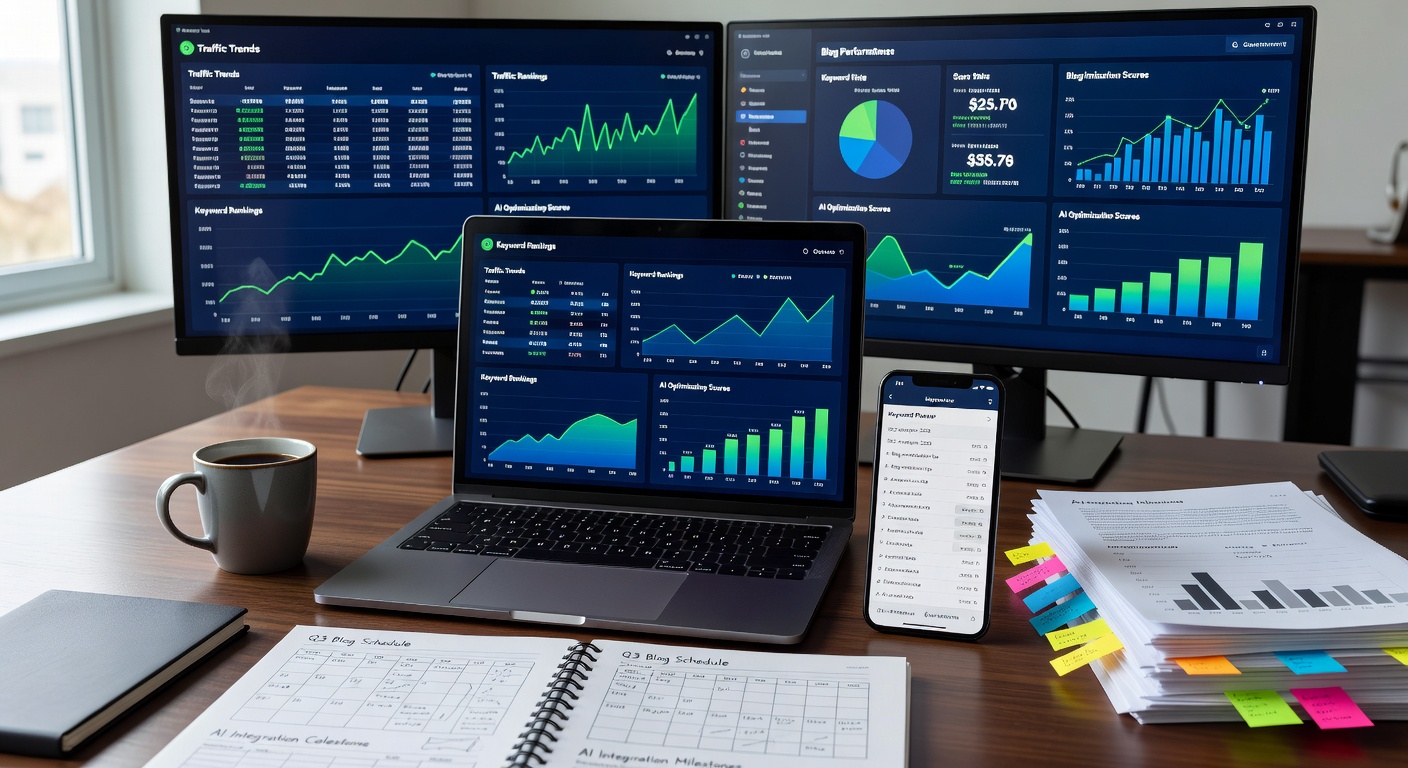 AI tools for managing multiple SEO blogs on office desk setup
