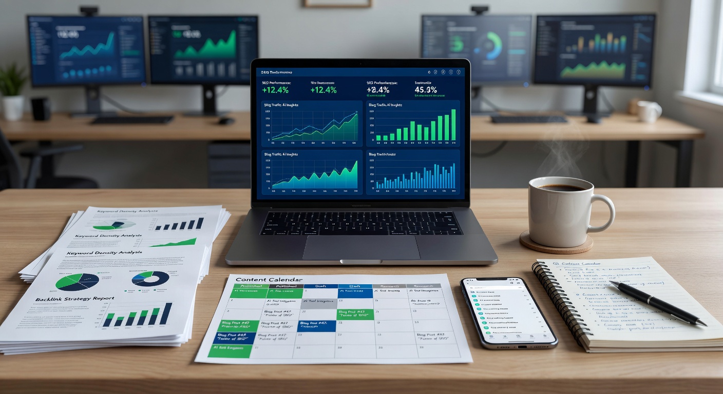 Office desk with AI tools for managing multiple SEO blogs setup