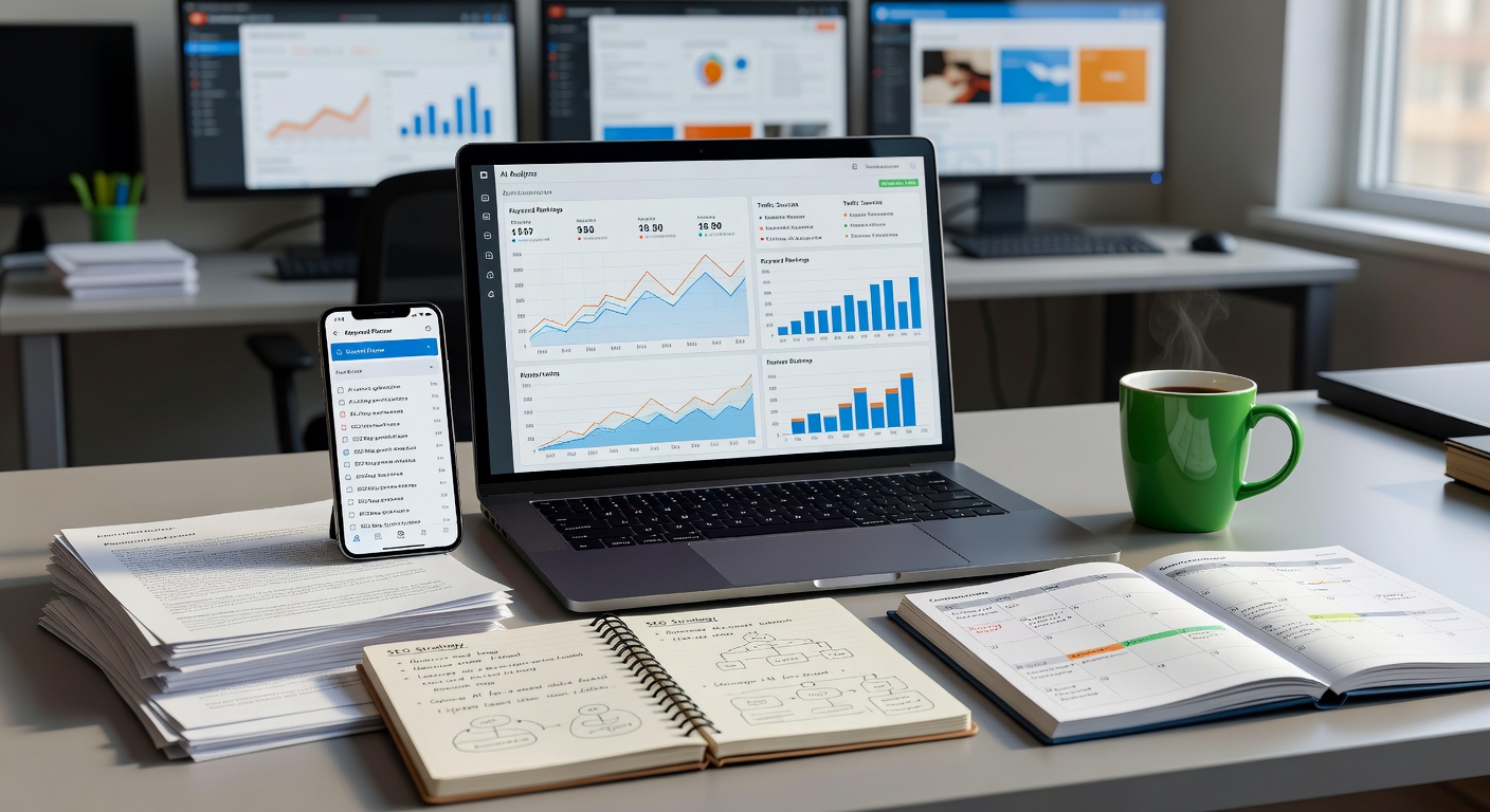 Office setup showcasing AI tools for managing multiple SEO blogs