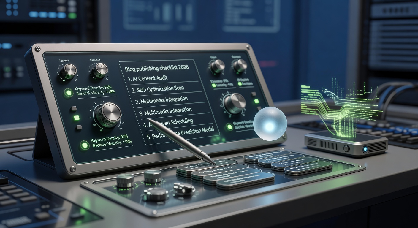 Futuristic control panel illustrating AI-optimized blog publishing checklist 2026
