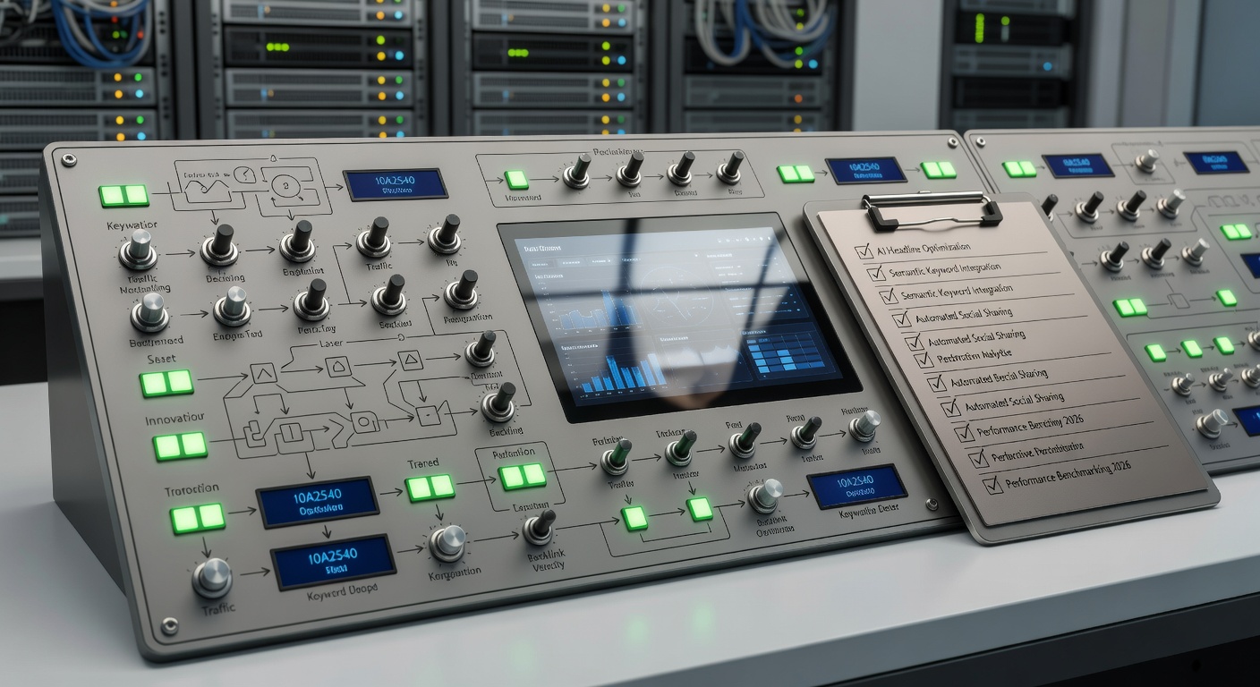 AI-optimized blog publishing checklist 2026 as futuristic control panel illustration