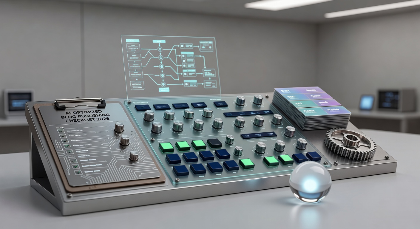 Futuristic control panel illustrating AI-optimized blog publishing checklist 2026