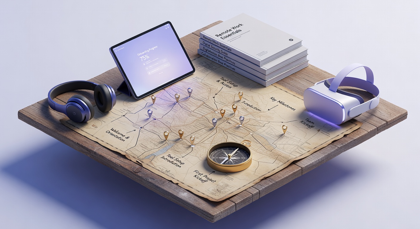 Remote employee onboarding checklist illustrated as a strategic map setup