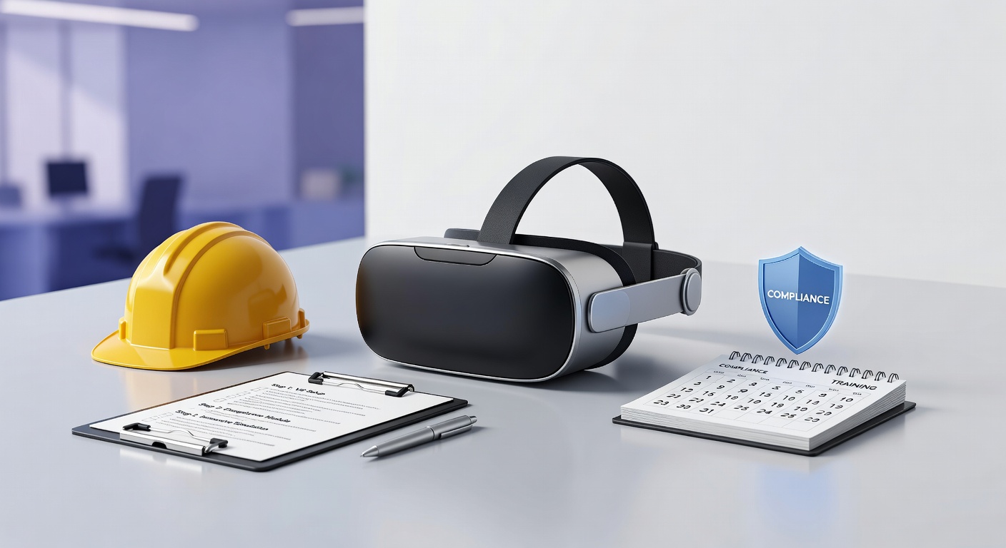 Virtual reality employee onboarding with VR headset and training symbols