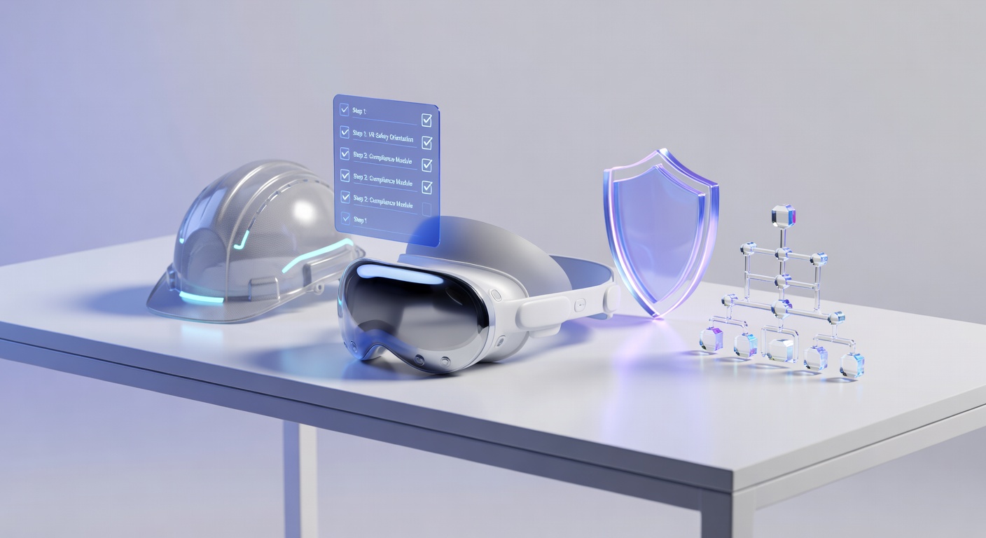 Virtual reality employee onboarding illustration with VR headset and symbols