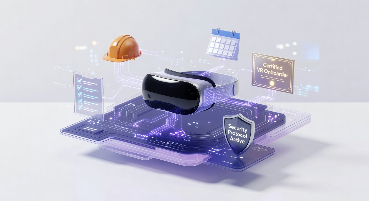 Virtual reality employee onboarding control hub with holographic training icons