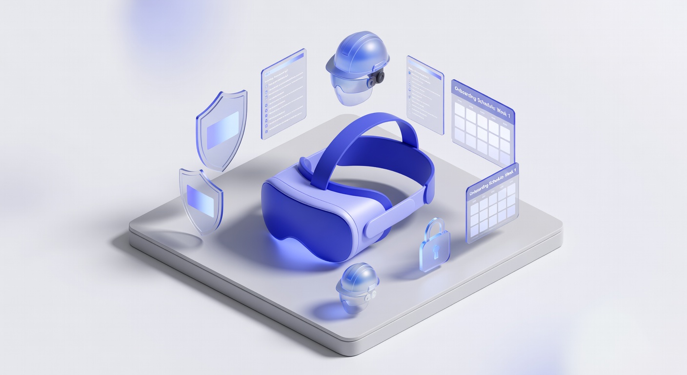 Virtual reality employee onboarding with futuristic VR headset and icons